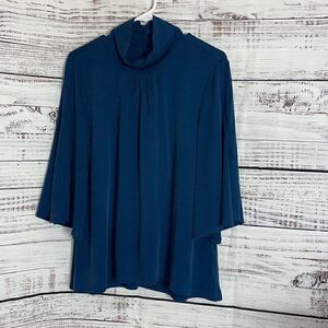 H Halston Top Womens Size‎ Large Mock neck flare sleeve blouse Dark Teal slinky